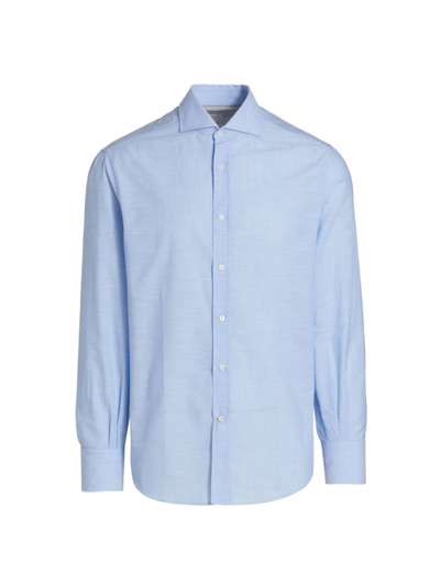 Shop Brunello Cucinelli Oxford Spread Collar Basic-fit Shirt In Celeste