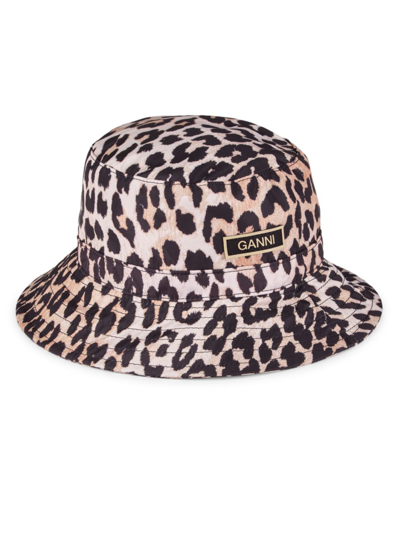 Shop Ganni Women's Logo Patch Bucket Hat In Leopard