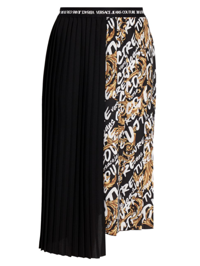 Shop Versace Jeans Couture Women's Logo Brush Pleated Midi-skirt In Black Gold
