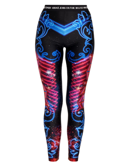 Shop Versace Jeans Couture Women's Galaxy Logo Band Leggings In Multicolor Scuro