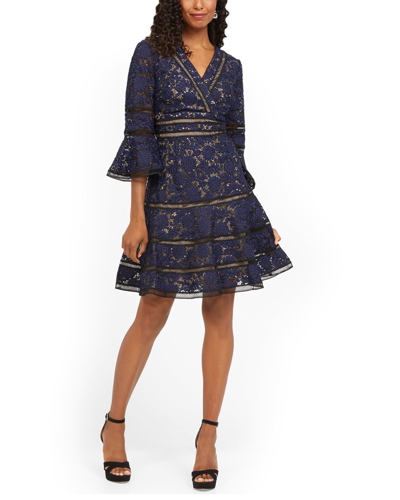 Shop Shani Surplice Neckline Bell-sleeve Lace Dress In Blue
