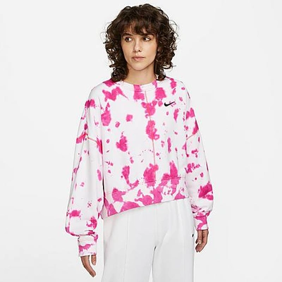 Shop Nike Women's Sportswear Oversized Fleece Tie-dye Crewneck Sweatshirt In Active Pink/siren Red/black