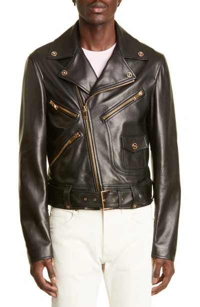 Versace Medusa Embellished Leather Biker Jacket In Black | ModeSens