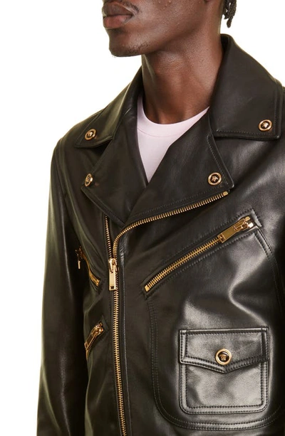 Shop Versace Medusa Embellished Leather Biker Jacket In Black