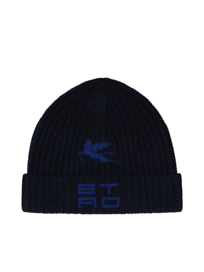 Shop Etro Knitted Beanie With  Cube Logo In Blue