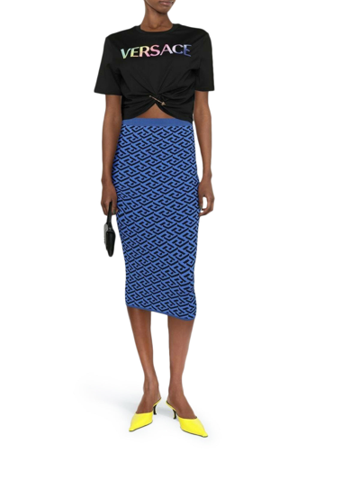 Shop Versace La Greca Pattern Knitted Skirt In Blue