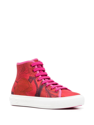Ferragamo Scarf-print High-top Trainers In Red