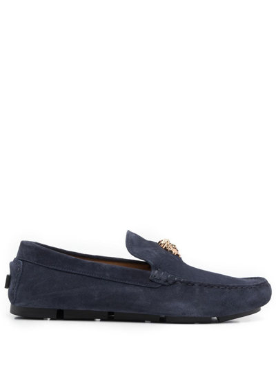 Shop Versace La Medusa Suede Loafers In Blue