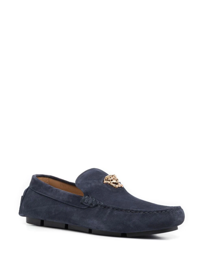 Shop Versace La Medusa Suede Loafers In Blue