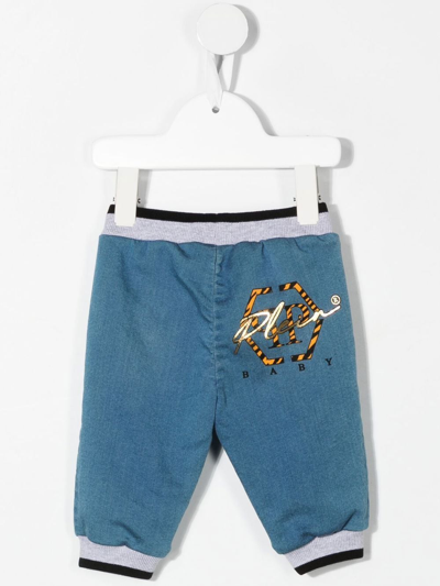 Shop Philipp Plein Junior Hexagon Logo-plaque Trousers In Blue