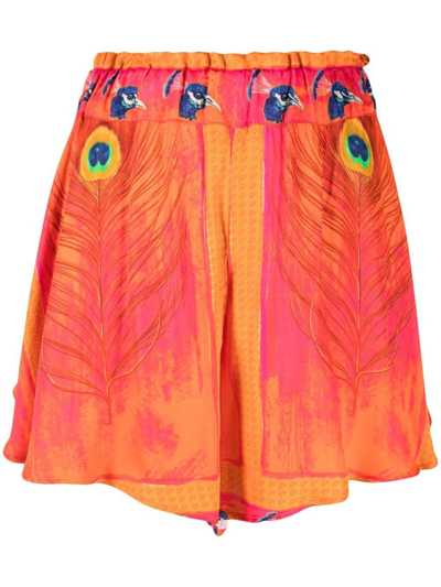 Shop Dependance Peacock-print High-waist Shorts In Orange