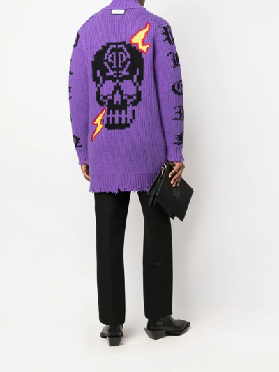 Shop Philipp Plein Intarsia-knit Logo Cardigan In Purple