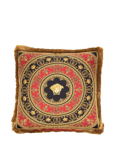 Versace Baroque-print Frayed-edge Cushion In Yellow