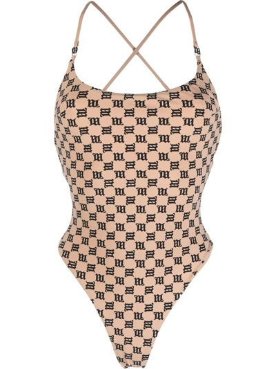 Misbhv Criss-cross Monogram-print Swimsuit In Neutrals