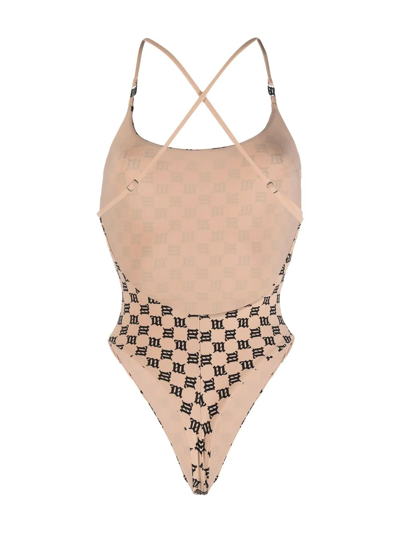 Misbhv Criss-cross Monogram-print Swimsuit In Neutrals