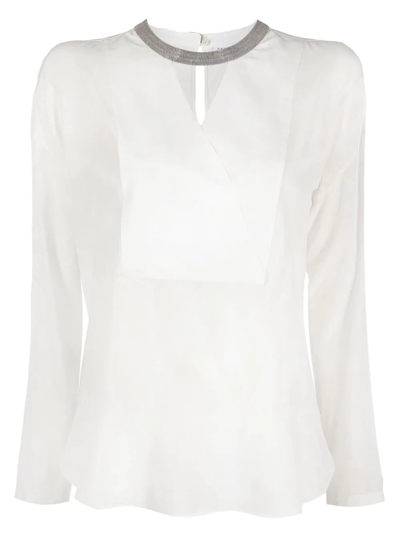 Shop Brunello Cucinelli Crystal Collar Silk Blouse In White