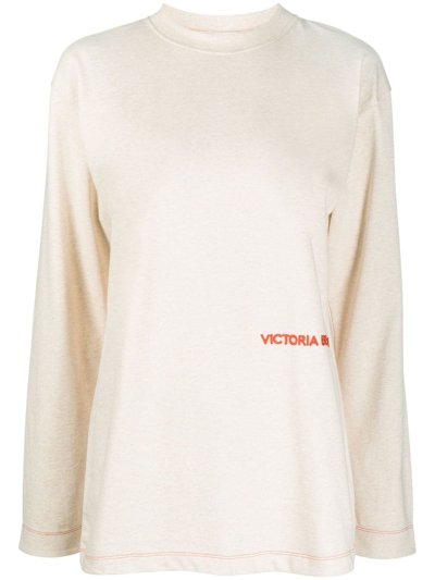 Shop Victoria Beckham Logo-embroidered Long-sleeve T-shirt In Neutrals