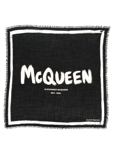 Shop Alexander Mcqueen Logo Print Wool Scarf In Black