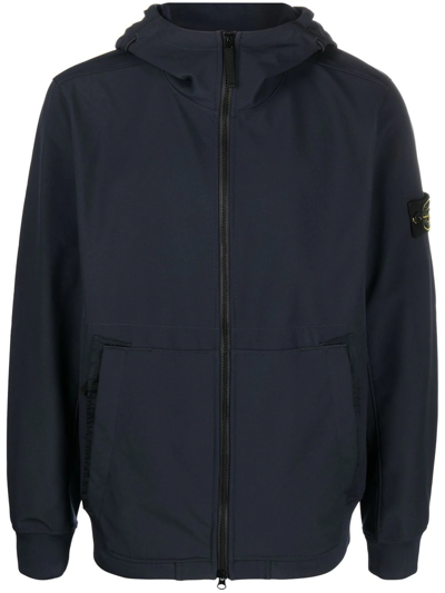 Shop Stone Island Compass-patch Hooded Zip-up Jacket In Blue
