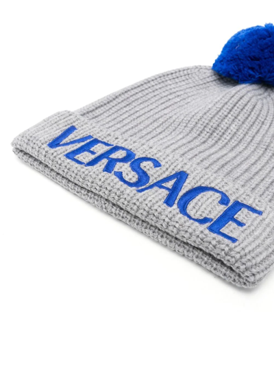 Shop Versace Logo-embroidered Beanie In Grey