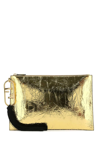 Shop Fendi Ff Plaque Zipped Clutch Bag In Gold