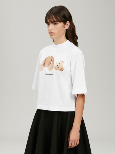 Shop Palm Angels Bear Print Cropped T-shirt In White