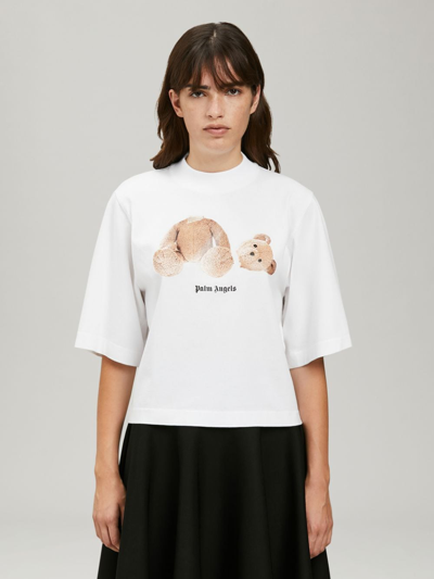 Shop Palm Angels Bear Print Cropped T-shirt In White