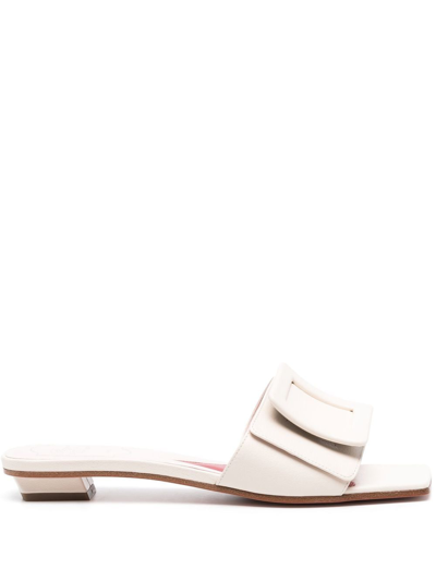 Shop Roger Vivier Covered Buckle Leather Sandals In White