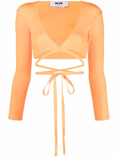 Shop Msgm Wrap Knitted Crop Top In Orange