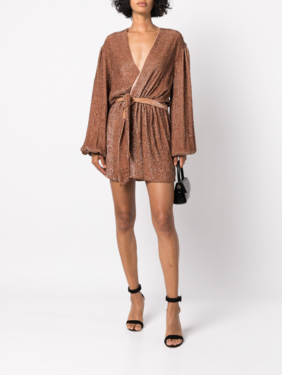 Shop Retroféte Gabrielle Sequin Wrap Short Dress In Brown