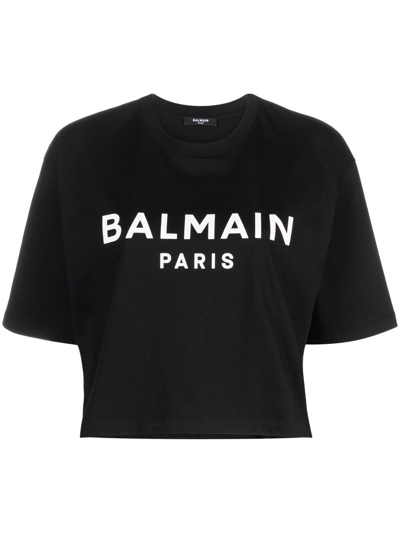 Shop Balmain Logo Cropped Cotton T-shirt