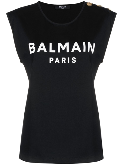 Shop Balmain Logo Sleeveless Cotton Top
