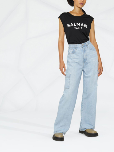 Shop Balmain Logo Sleeveless Cotton Top