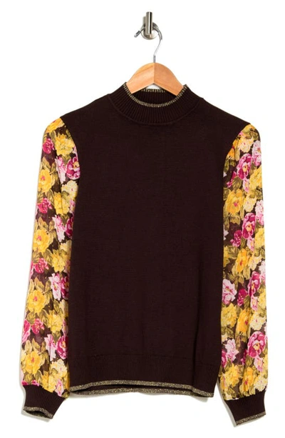 Shop By Design Leila Mock Neck Chiffon Sleeve Sweater In Black Coffee W/ Brocade Floral