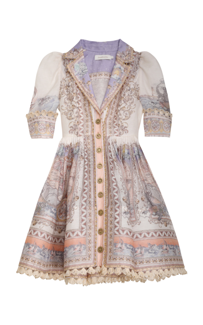 Zimmermann High Tide Belted Embellished Printed Linen And Silk-blend Mini Dress In Print