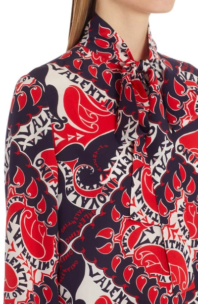 Shop Valentino Bandana Print Tie Neck Silk Blouse In 01n Rosso/avorio/navy