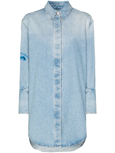 Shop Off-white Face Print Denim Shirt Dress In 4045 Light Blue Blue