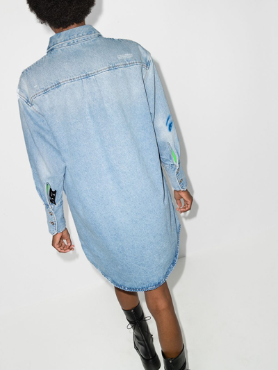 Shop Off-white Face Print Denim Shirt Dress In 4045 Light Blue Blue