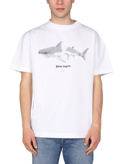 Shop Palm Angels "shark" T-shirt In White