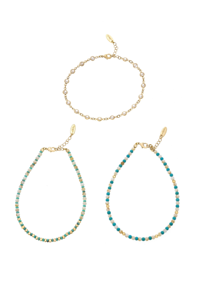 Shop Ettika Turquoise Malibu Breeze 18k Gold Plated Anklet Trio In Green