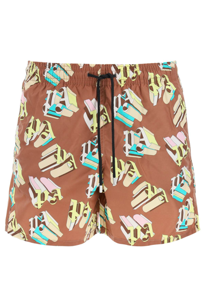 Shop Palm Angels Monogram Swim Shorts In Brown,yellow,green