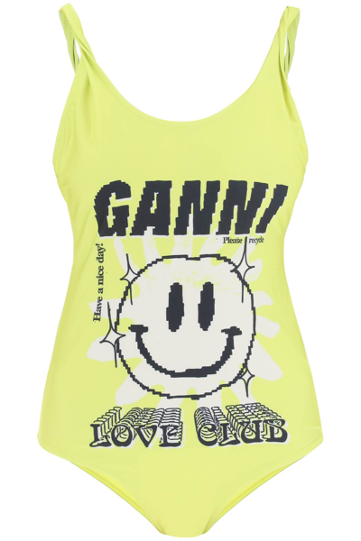 Shop Ganni Swimsuit With Graphic Print In Yellow