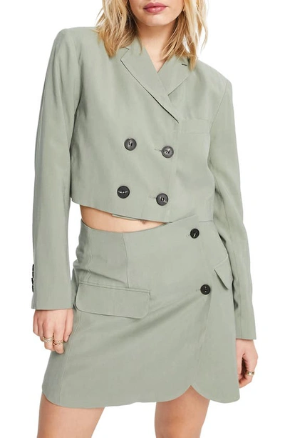 Shop Topshop Double Breasted Super Crop Blazer In Khaki