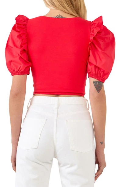 English Factory Mixed Media Puff Sleeve Knit Top In Red