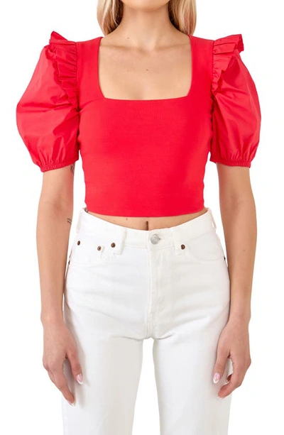 English Factory Mixed Media Puff Sleeve Knit Top In Red
