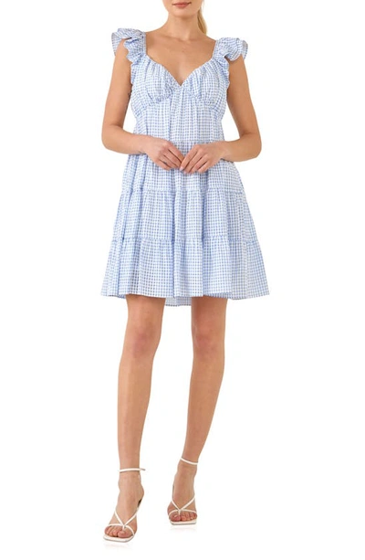 English Factory Check Print Tiered Minidress In Blue