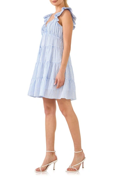 English Factory Check Print Tiered Minidress In Blue