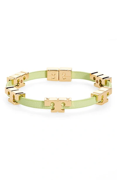 Shop Tory Burch Serif-t Croc-embossed Leather Single Wrap Bracelet In Tory Gold / Mint Swirl