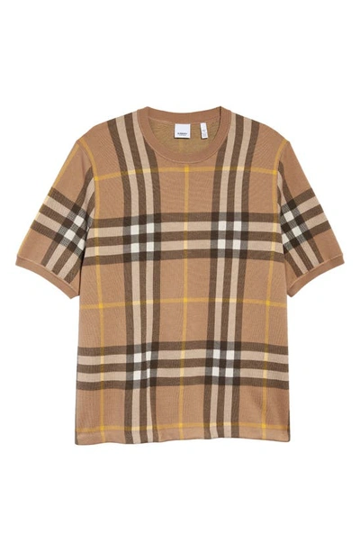 Shop Burberry Wells Check Silk & Wool Piqué Short Sleeve Crewneck Sweater In Truffle Ip Check