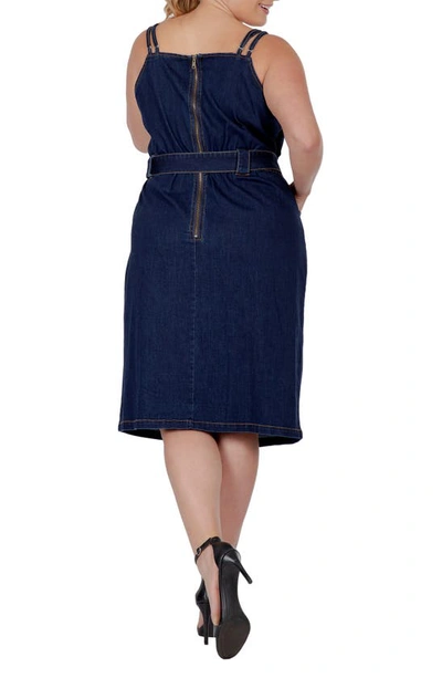 Standards & Practices Double Strap Tie Waist Denim Midi Dress In Indigo Rinse